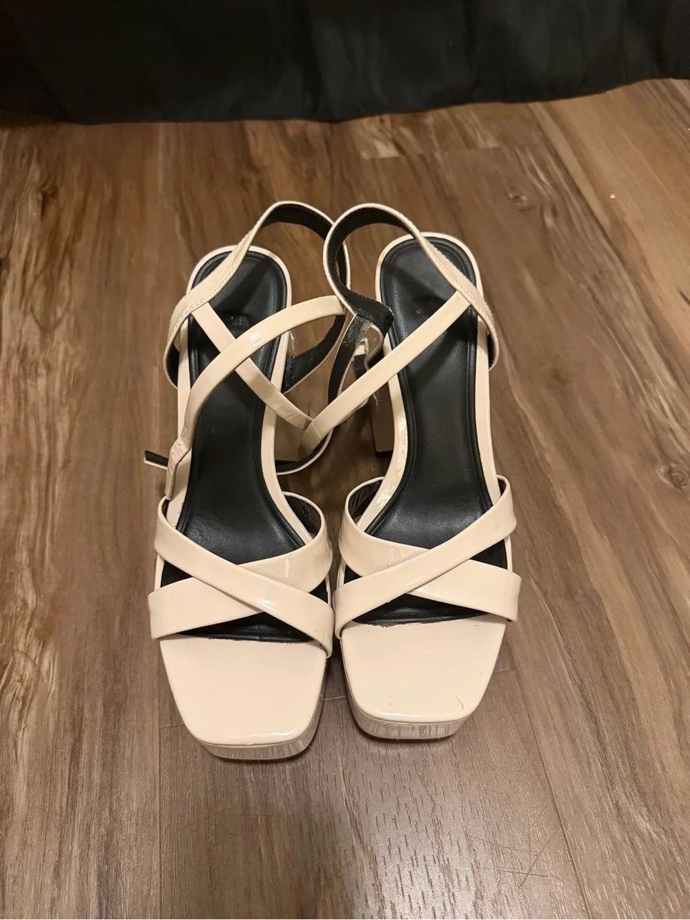 Zara Cream Patent Platform Block Heel Sandals